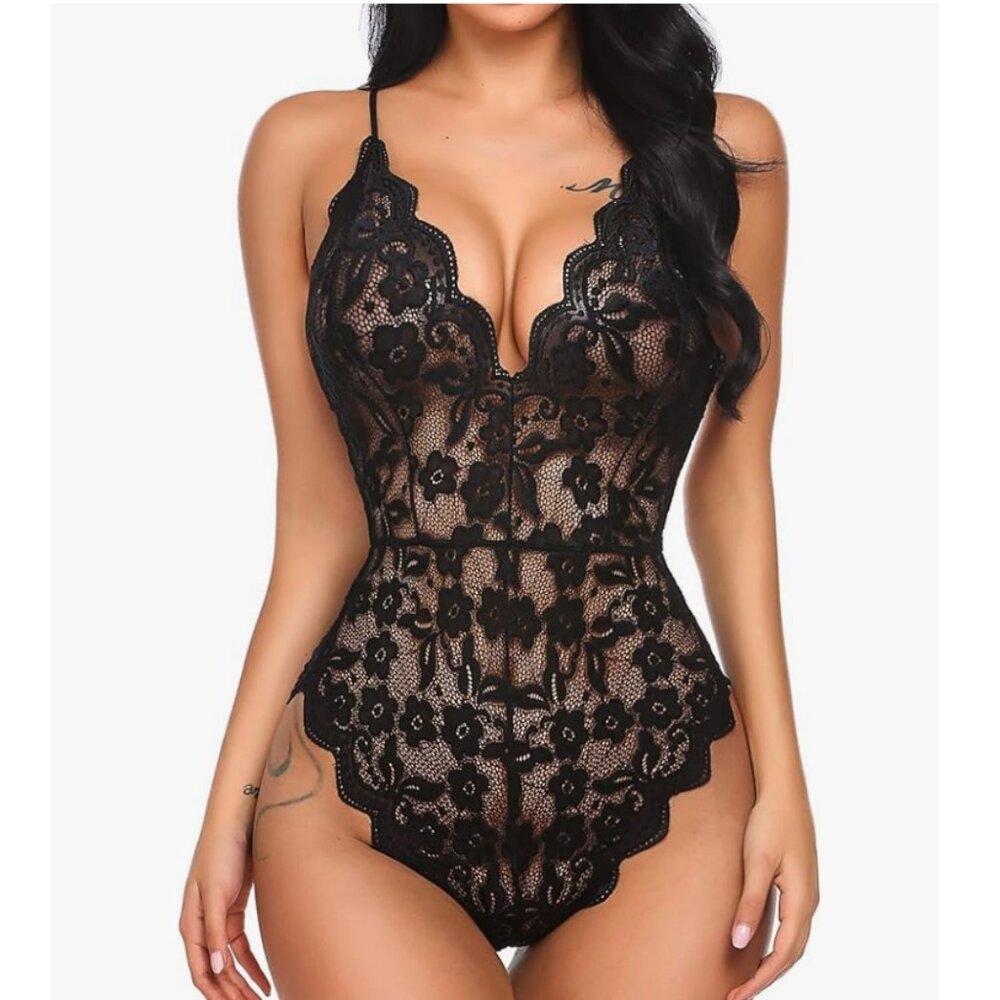 NWOT Black One Piece Stretch Floral Lace Adjustable Lingerie Bodysuit, Size S